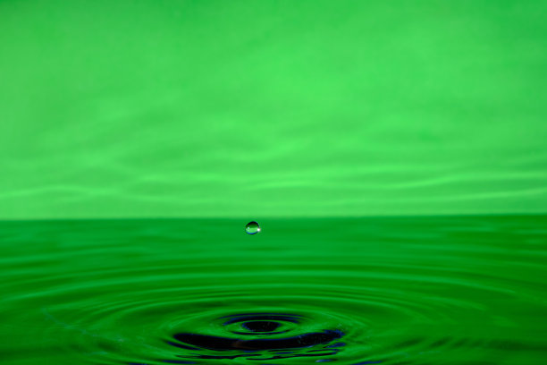 滴水后溅起水花。绿色抽象背景与水滴在水。图片下载