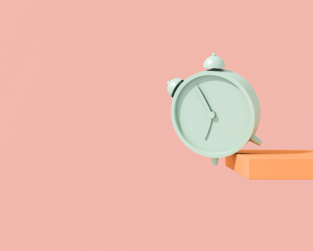 一个绿色的经典闹钟在阳光的照射下明亮地落在粉红色背景的架子上。概念的早晨唤醒，提醒，截止日期在时尚的柔和的颜色。副本的空间。3 d渲染。图片下载