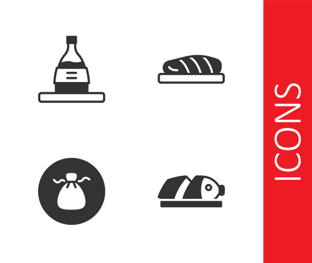 鱼片，清酒，馄饨和牛排图标。向量图片下载