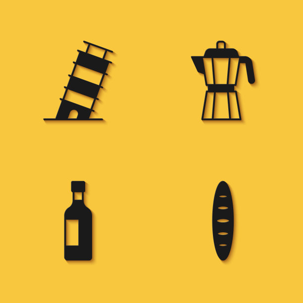 设置比萨斜塔，法国法棍面包，葡萄酒和咖啡机moca壶图标与长影子。向量图片下载