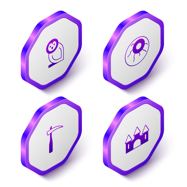 设置等距猫头鹰鸟，眼睛，镰刀和城堡图标。紫色的六角按钮。向量图片下载