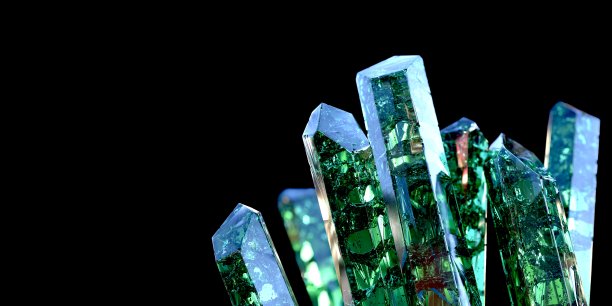 绿色宝石孤立在黑色3D电脑生成的图像图片下载