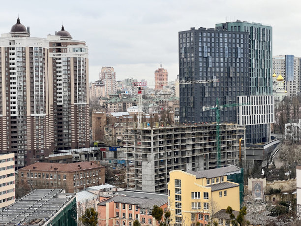 乌克兰基辅风景优美的城市景观。旧房子，新摩天大楼，建筑工地，教堂，公园。图片下载