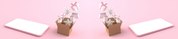 3D渲染的智能手机白屏幕周围和纸板盒的礼物。概念购物在手机上和可以填补内容在白色的手机屏幕孤立在粉红色的背景图片下载