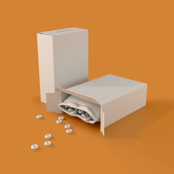 白色单色谷物盒在橙色背景，3d渲染图片下载