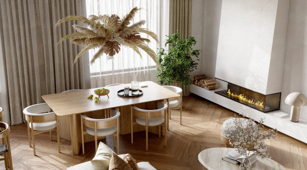 开放式客厅内部与现代木厨房，3d渲染图片下载