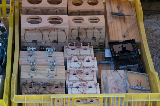 在街头的小摊上，出售用木头和金属制成的不同型号的捕鼠器图片下载