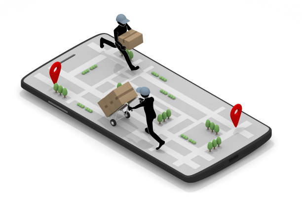 智能手机上的地图应用。显示目的地址。交付计划。智能手机和送货员。运输业务的工作。图片下载