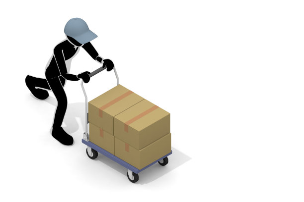 送货卡车。交通工具，汽车和人。把你的行李放在手推车上。用汽车携带行李。送包裹的人。图片下载