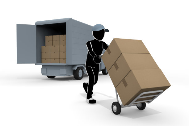 送货卡车。交通工具，汽车和人。把你的行李放在手推车上。用汽车携带行李。送包裹的人。图片下载