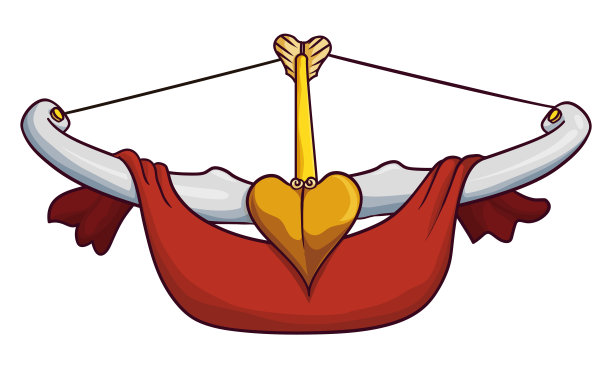 银色弓与黄金心形的箭和织物，矢量插图图片下载