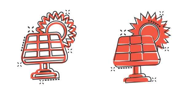 太阳能电池板图标在漫画风格。生态能源卡通矢量插图在白色孤立的背景。电工飞溅效果标志的经营理念。图片下载