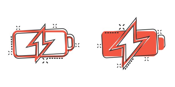 电池图标在漫画风格。累加器卡通向量插图在白色孤立的背景。能量充电器飞溅效应的经营理念。图片下载