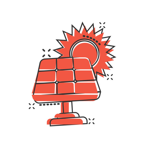 太阳能电池板图标在漫画风格。生态能源卡通矢量插图在白色孤立的背景。电工飞溅效果标志的经营理念。图片下载
