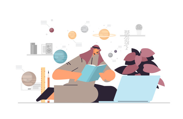 阿拉伯男子学生使用笔记本电脑上的数字网络研讨会和阅读书籍的天文学教育或工作概念图片下载