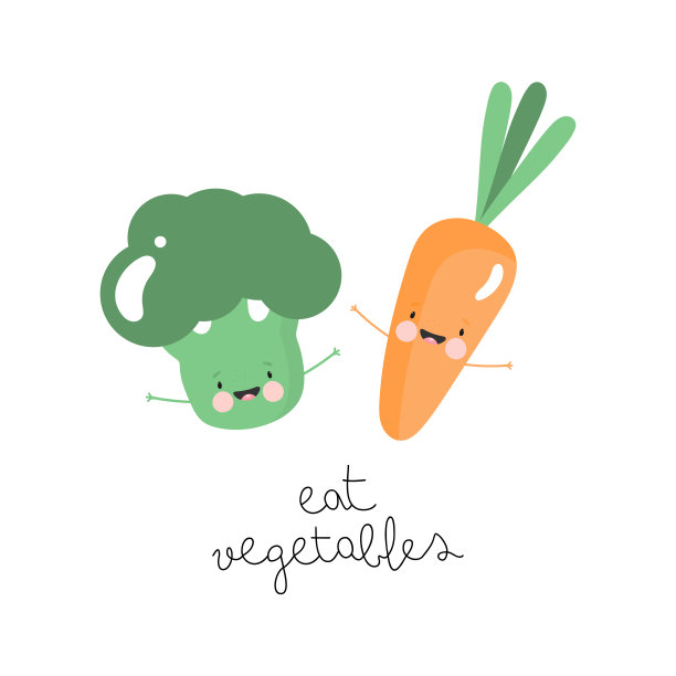 有趣的胡萝卜和花椰菜卡通风格。儿童用品，卡片，海报，横幅，书籍，印刷在包装上，印刷在衣服，织物，壁纸，纺织品或盘子。矢量插图。图片下载