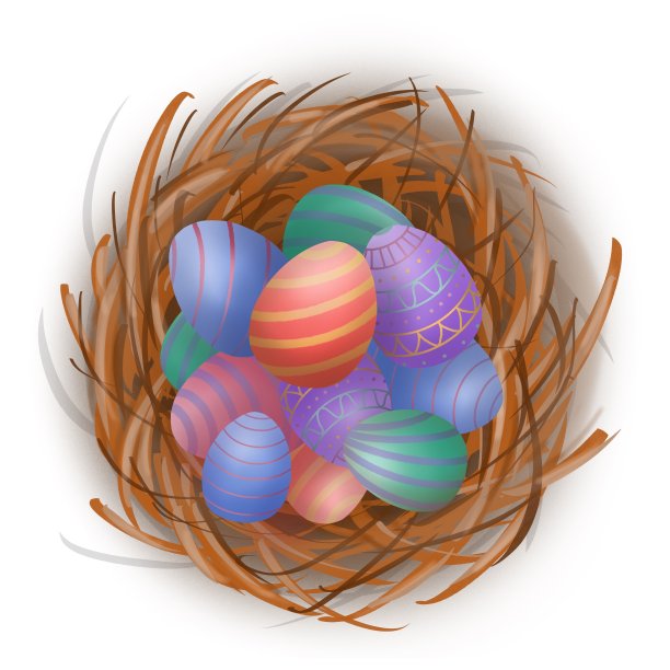 卡通复活节彩蛋在一个巢。孤立的形象。图片下载