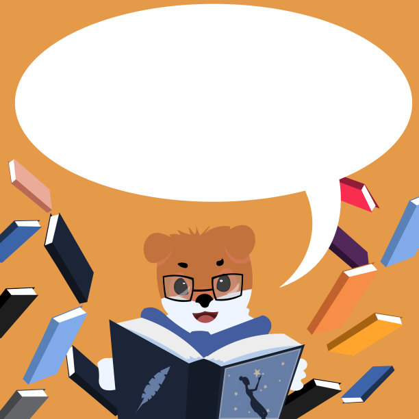 戴眼镜的狐狸坐在图书馆里看书，周围都是飞舞的小册子。文学教育学生领结。持有百科全书的毕业生。图片下载