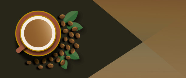 在黑暗的背景下，一杯热咖啡和咖啡豆的全景。前视图。平的。图片下载