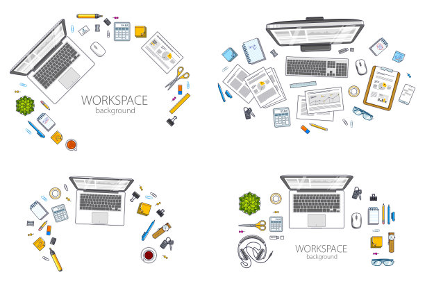 工作台工作空间的俯视图与PC或笔记本电脑和许多不同的文具对象和分析文件的表格，看上面。所有元素都很容易单独使用。向量集。图片下载
