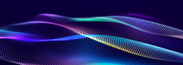 在黑暗的背景上未来的点图案。彩色音乐浪潮。大数据。技术或科学旗帜。3D渲染图片下载