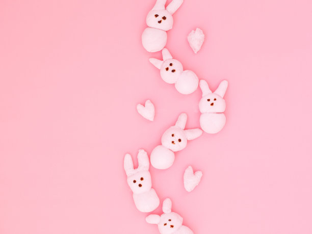 粉红色手工制作的棉花糖兔子在粉红色的纸背景上的波浪形状图片下载