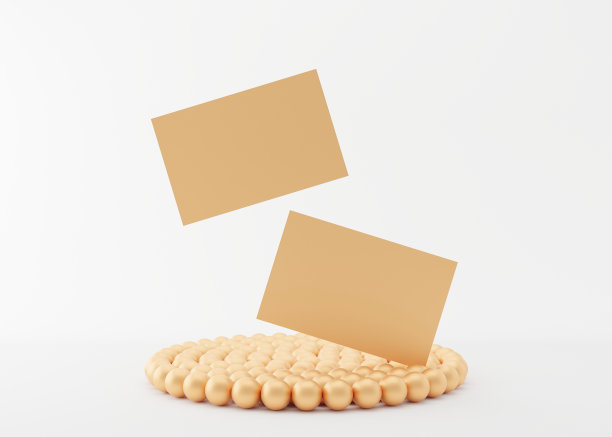 空白的金色名片与金球讲台上的白色背景。模拟品牌身份。两张牌显示两面。平面设计师的模板。副本的空间。3 d渲染。图片下载