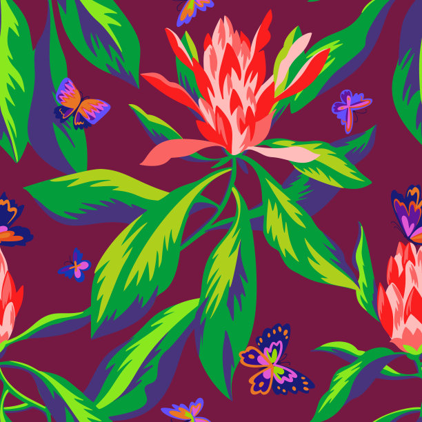 盛开的山龙眼。花无缝图案与大花和蝴蝶。植物结构。时尚的夏季点缀。适用于纺织、织物、包装、服装和床上用品。图片下载