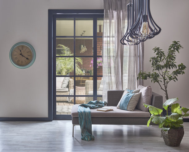 沙发、灯、枕头、钟及庭园景观室内、植物花瓶、拼花地板。图片下载