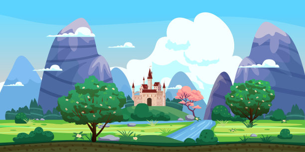 梦幻的景观，城堡，青山，盛开的树木，春天，山脉，全景。矢量卡通背景插图图片下载