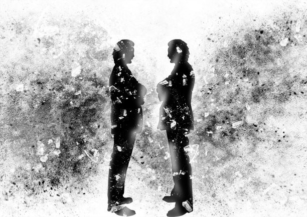 冲突的人的剪影和爆炸的背景插图图片下载