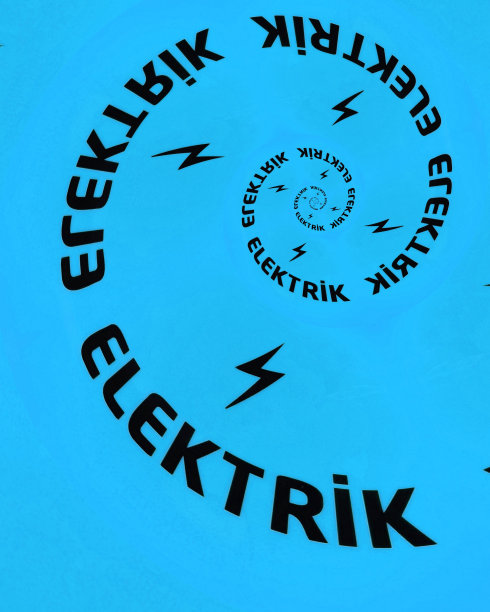 螺旋设计的闪电符号与字母拼写ELEKTRIK在一个生动的平实蓝绿色背景黑色图片下载