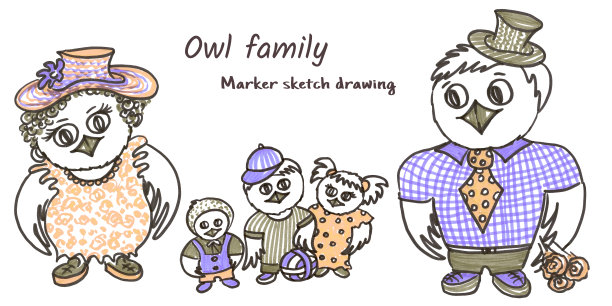 在白色背景的直线艺术风格的卡通猫头鹰的彩色家庭。黄色和紫色的父亲，母亲，孩子，男孩和女孩猫头鹰涂鸦。一套祝贺结婚的插图。图片下载