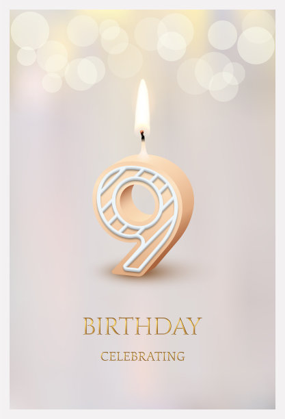 生日快乐贺卡配9号蜡烛，三维烛光模板设计图片下载