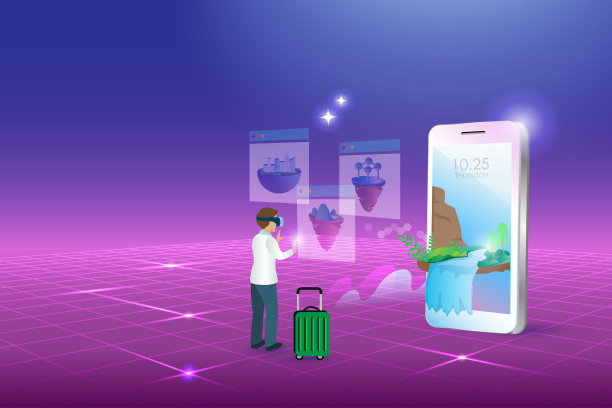 元时空虚拟旅行，虚拟旅行技术观光指南在网络空间未来环境背景下。男士佩戴谷歌玻璃体验界面3D旅行模拟。图片下载