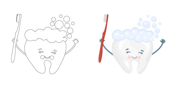 可爱的牙齿开心的微笑，用牙刷和牙膏的发型。彩色的书。矢量图图片下载