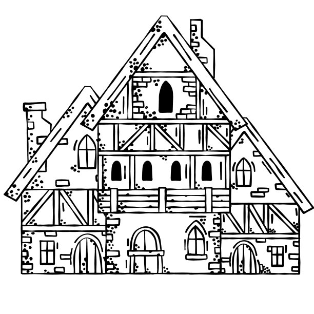 中世纪的房子。村庄建设。有烟囱的老房子。街道黑白速写图像。卡通复古的插图图片下载