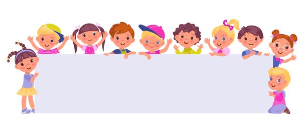 孩子们拿着大海报。有趣的孩子们举着长长的空白横幅。消息的地方。男孩女孩们拿着空的标语牌。矩形广告牌模板。学前教育活动家。向量的概念图片下载