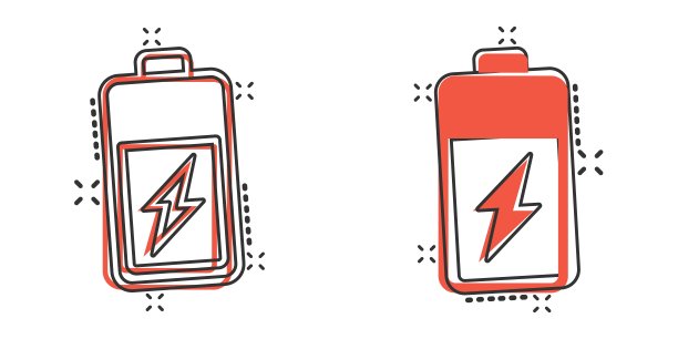 电池图标在漫画风格。累加器卡通向量插图在白色孤立的背景。能量充电器飞溅效应的经营理念。图片下载