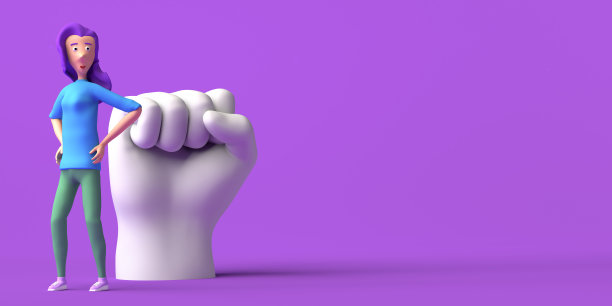 旁边的年轻女子紧握着拳头作为女权主义斗争的象征。3 d演示。国际妇女节。3月8日。副本的空间。图片下载