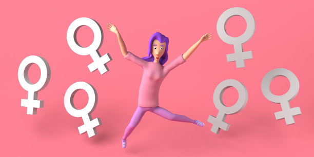 在女性符号旁边跳的女人。女权主义。3 d演示。国际妇女节。3月8日。副本的空间。图片下载