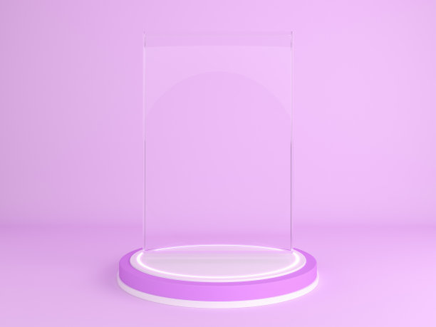 柱面展示或展示柜与透明水晶模型的产品紫色背景，3d渲染图片下载