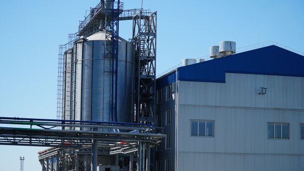 农业筒仓建造，用于储存和干燥粮食作物。工业概念，蓝天之上的筒仓塔。塔筒仓图片下载