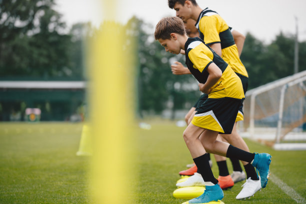 运动平衡训练。青少年在平衡垫上进行稳定足球训练。年轻的足球运动员提高核心力量，平衡和稳定技能。草足球场。训练足球图片下载