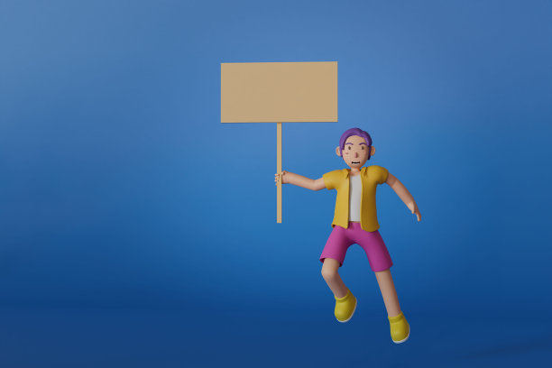 男子在黄色的衬衫，持有一个空白的广告牌目前横幅上的蓝色背景3D渲染插图图片下载