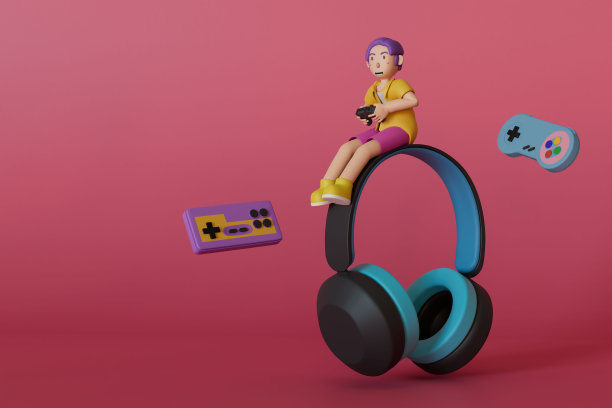 身穿黄色衬衫的男子手持手柄，戴着耳机玩游戏，粉色背景的游戏控制器漂浮在手柄旁边。3 d渲染图图片下载