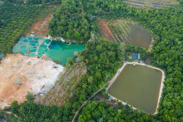 泰国养虾场和空气净化器的鸟瞰图。水产养殖业务不断扩大，远销国际市场图片下载