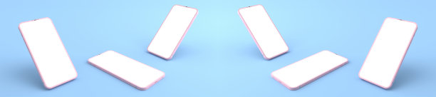 3D渲染模型粉红色的智能手机白色屏幕在蓝色的地板上，粉红色的手机躺在地上。智能手机的白色屏幕可用于商业广告，孤立于蓝色背景图片下载