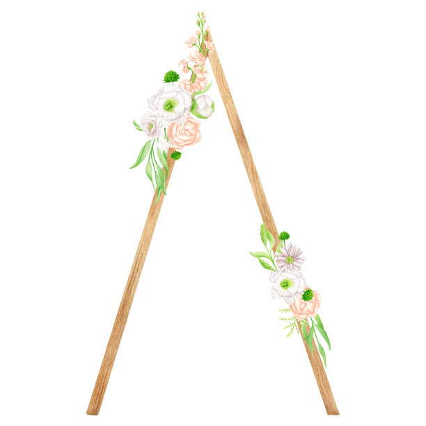 水彩婚礼拱门。手绘木三角形拱门与花孤立在白色背景。现代几何花架装饰，质朴自然的设计，波西米亚装饰插图。图片下载