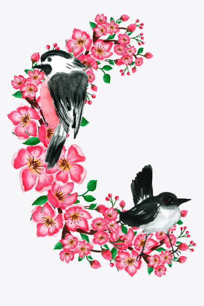 水彩亚洲鸟在花。五颜六色的花，日本鸟。白色背景上的传统民俗时尚装饰。图片下载
